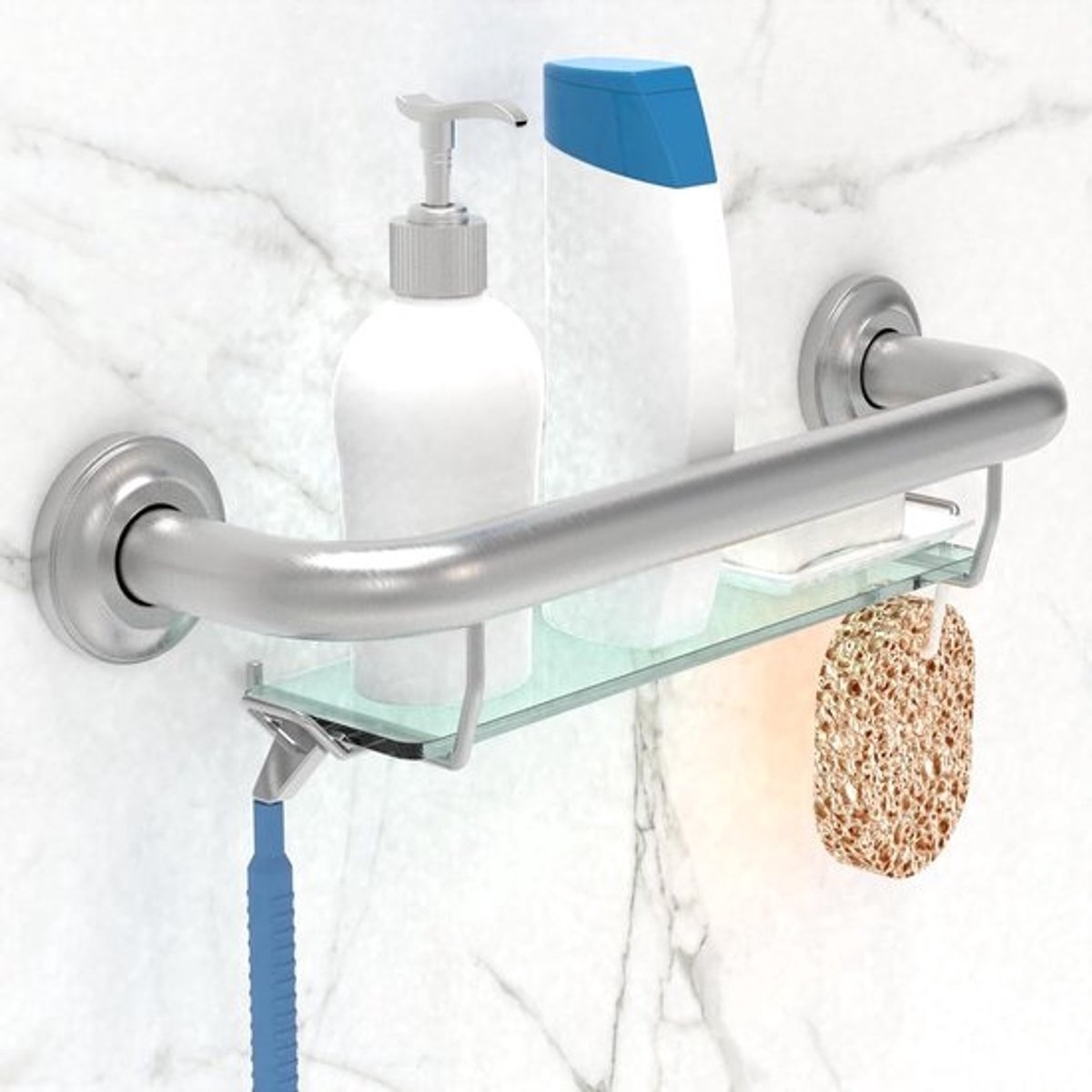 Invalidentoegankelijke Grijpbeugel met Glazen Plank voor Douche en Bad, 16 inch, Geborsteld Nikkel