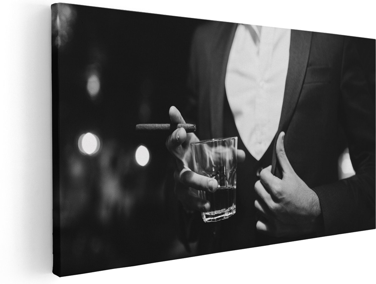 Artaza Canvas Schilderij Man In Pak Met Een Sigaar En Een Drankje - 160x80 cm - Groot - Wanddecoratie Woonkamer - Schilderijen - Muurdecoratie