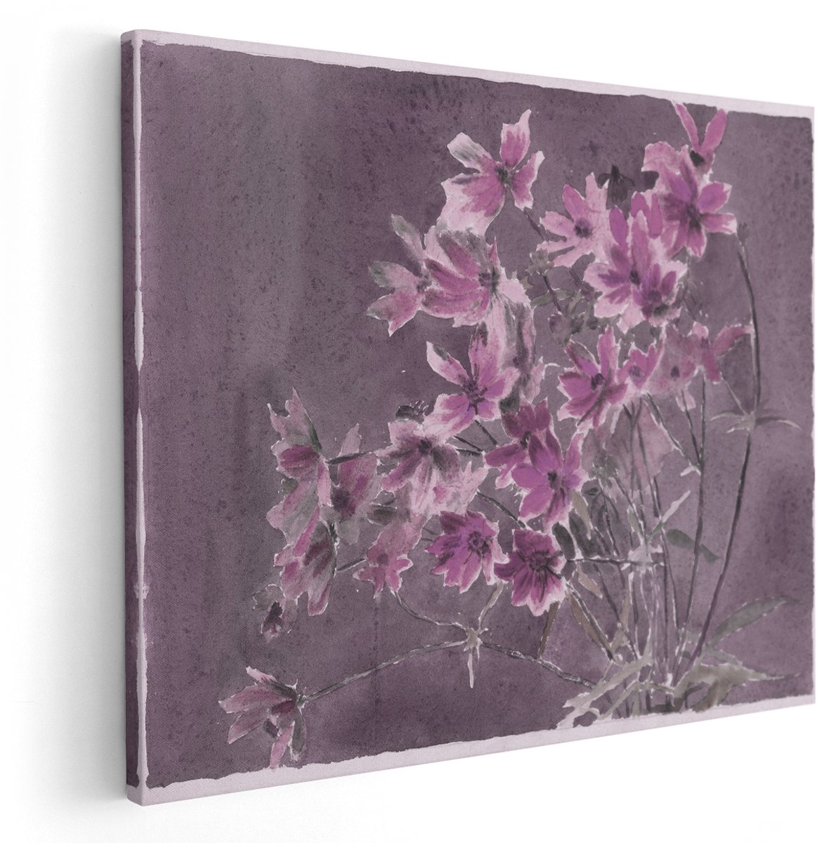 Artaza Canvas Schilderij Bloemen - 150x120 cm - Groot - Wanddecoratie Aquarel - Muurdecoratie Vintage Bloem - Schilderijen Op Canvas - Paars