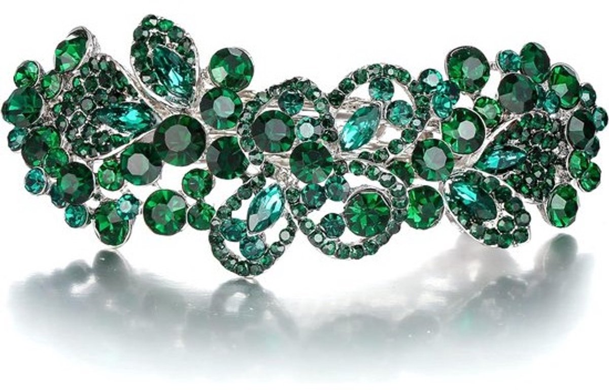 Art Deco Haarspeld met Groene Kristallen en Bladmotief - Zilvertint Accessoire voor Dames Bruiloft