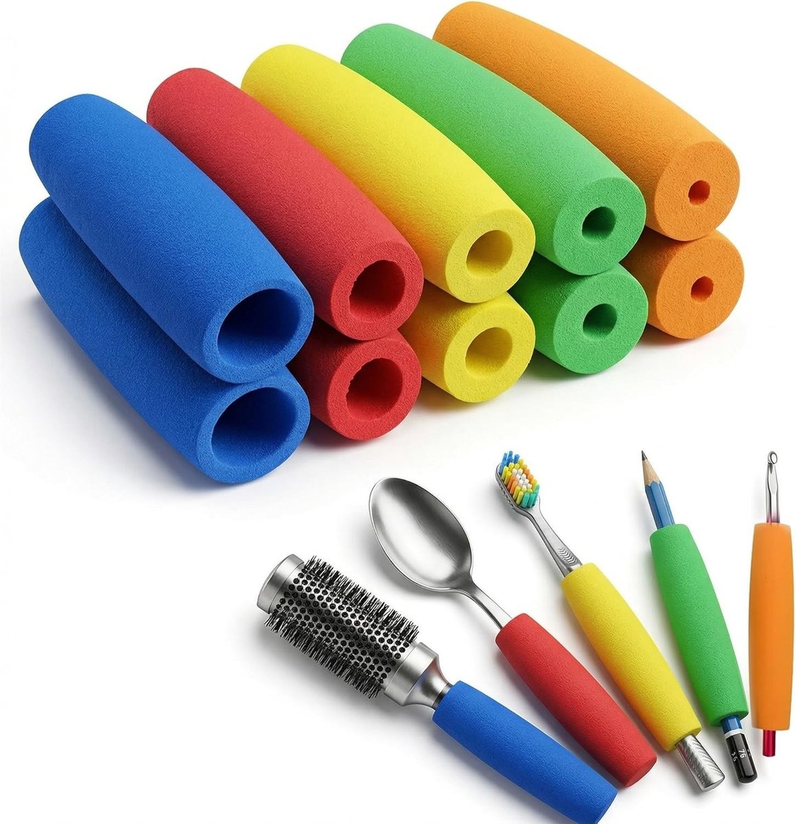 Set van 10 Schuimhandvaten in 5 Maten, Dikke Grip voor Bestek, Gereedschap en Pennen, Grip Hulp voor Senioren en Personen met Beperkingen