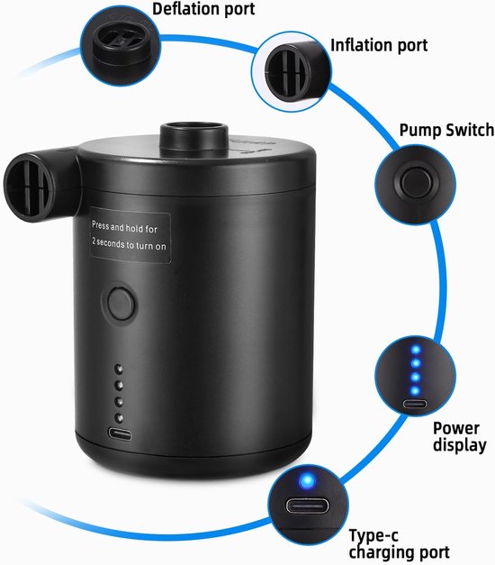 Draagbare elektrische pomp met USB-oplaadbare batterij, snelle luchtmatraspomp, mini-luchtpomp voor luchtkussens, zwembanden, zwembadspeelgoed, 3 mondstukken — afbeelding 2