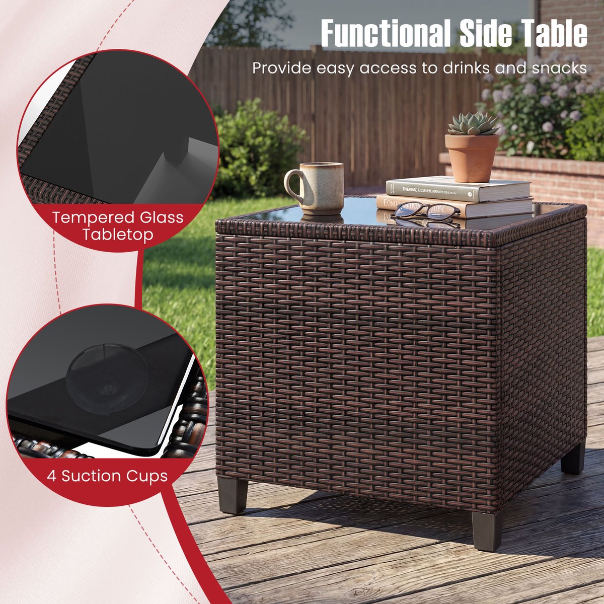 SureDeal® - Tuinset - 3-delige Rotan Bistroset - Stoelen - Tafel - Gehard Glazen Blad - Kussens Loungeset - 67x64x77 cm - Naturel