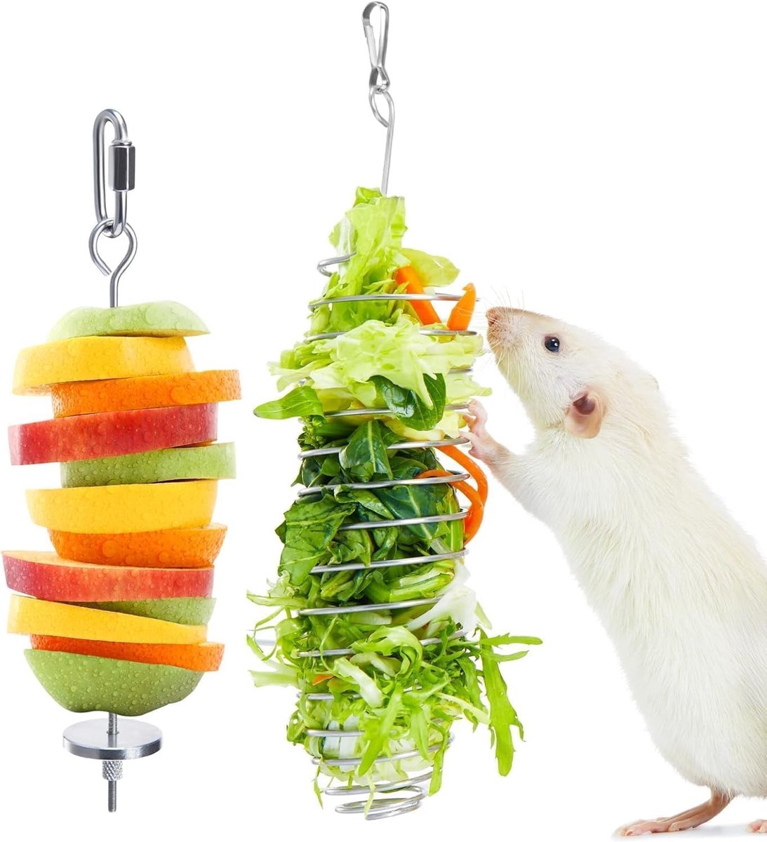 Set van 2 Verrijkingsspeelgoed voor Ratten van Roestvrijstaal, Voeding Speelgoed voor Groenten en Fruit, Hangend Puzzel Speelgoed voor Knaagdieren en Kooi Accessoires