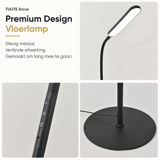 Close-ups van de TULITE Arcus vloerlamp: de metalen stang, de touch bediening en de ronde voet.