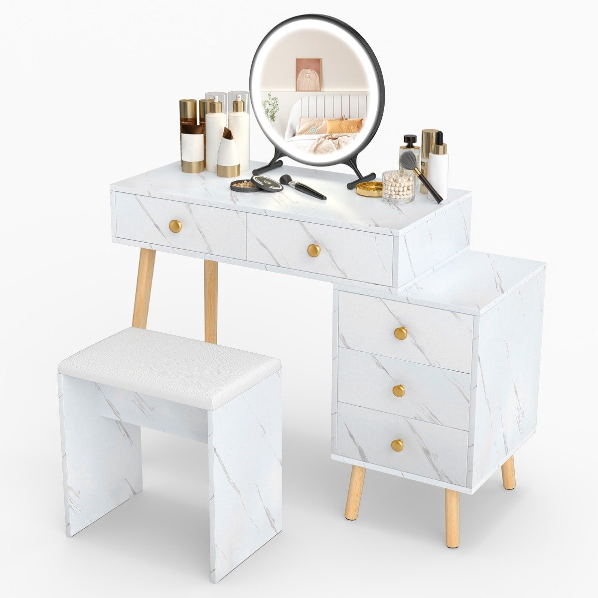 SureDeal® - Kaptafel - Wastafelmeubel - Spiegel - Verlichting Wastafelmeubel - Gestoffeerde Kruk - 100x45x116,5 cm - Wit