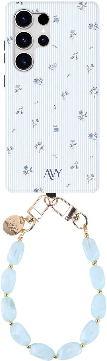 AVY Hoesje Met Telefoonkoord | Geschikt voor Samsung Galaxy S25 Ultra | Compatibel met MagSafe & Qi2 | Hard Shell Back Cover | Stijlvol Bijpassend Koord Polsbandje (32CM) | Sky Blossom