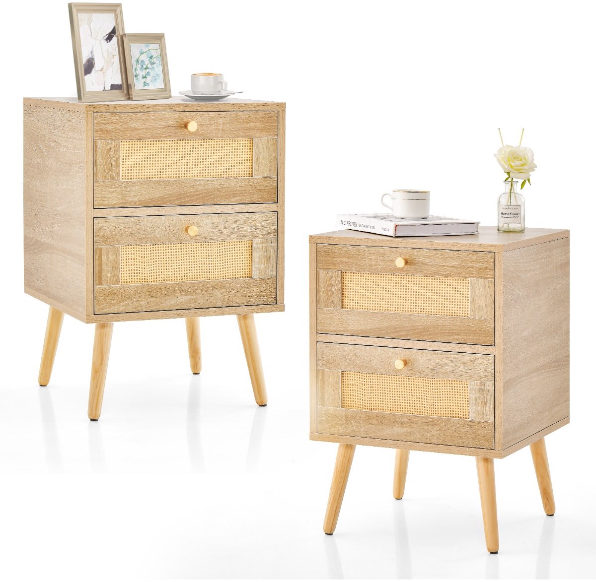 SureDeal® - Nachtkastje - Delige Rieten Nachttafel - Lades - Massief Houten Poten - 40x40x59 cm - Natuurlijk