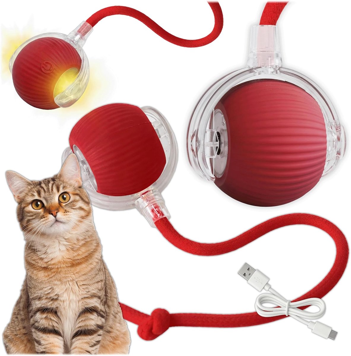 ECTEATOY® Interactieve rollende hondenbal - Huisdierspeelgoed - Kattenspeelgoed Interactief - Hondenspeelgoed - kattenspeelgoed - Automatisch kattenspeelgoed - Automatisch bewegend hondenspeelgoed - Geschikt Voor Katten en Kleine Honden- ROOD