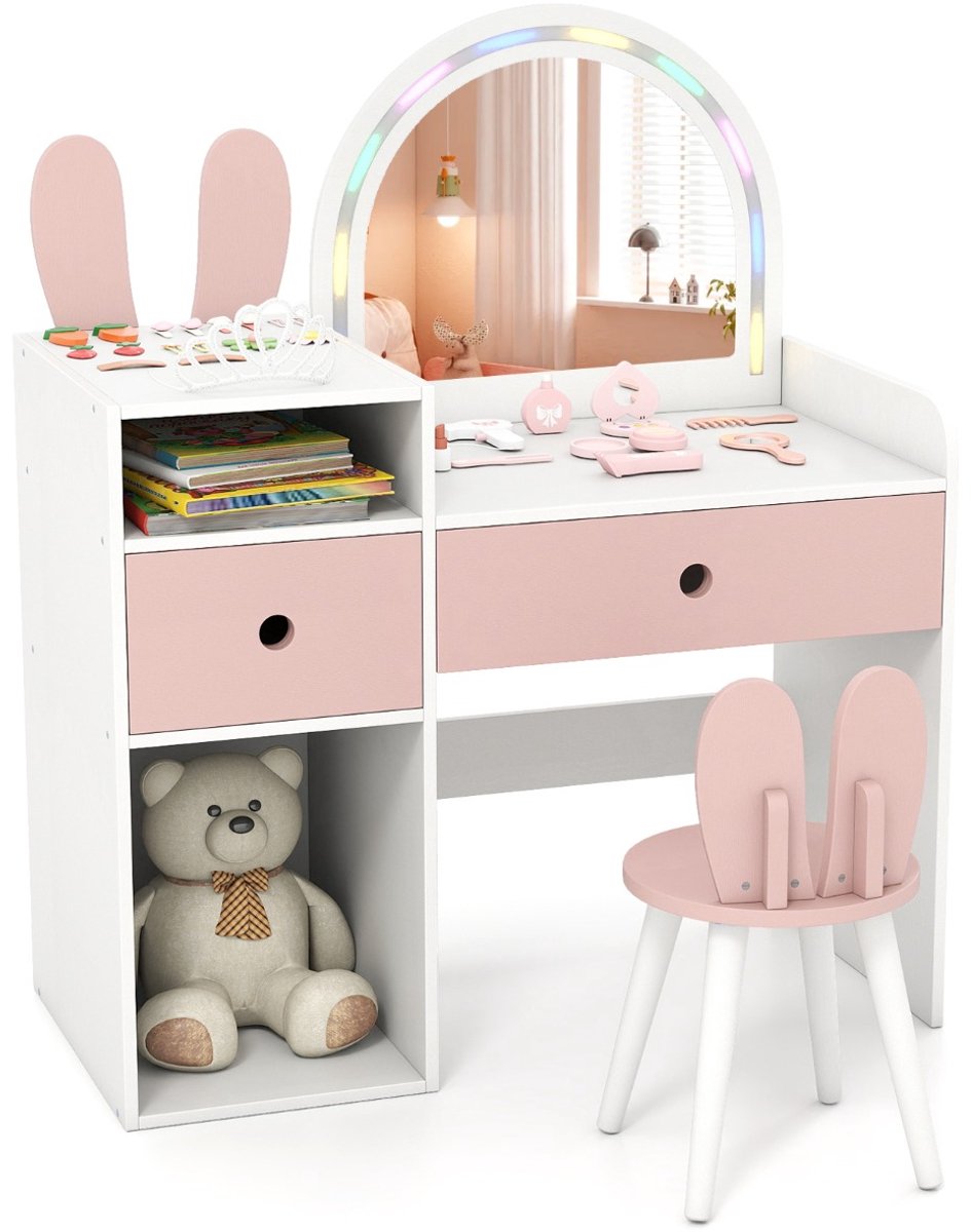SureDeal® - Kaptafel - Kinderkaptafel - Stoelenset - Schitterende LED spiegel - Lades - 80,5x39,5x95 cm - Wit