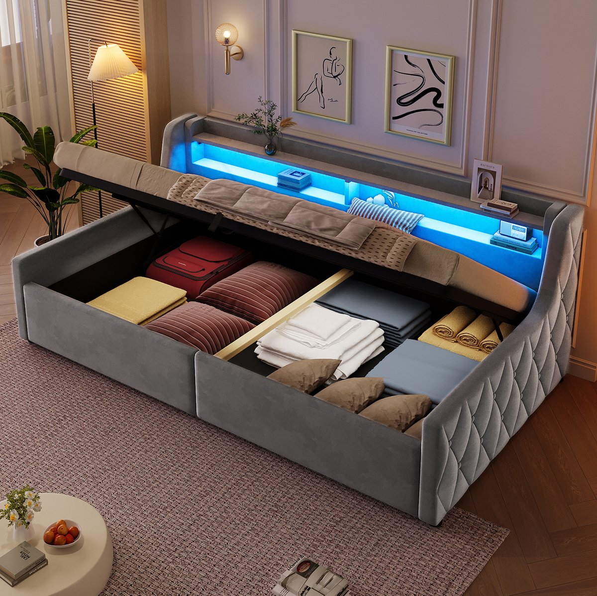 Bed 90 x 200 cm - Opbergbed Met LED Verlichting - Voor Slaapkamer, Kinderkamer En Logeerkamer - Stof - Grijs