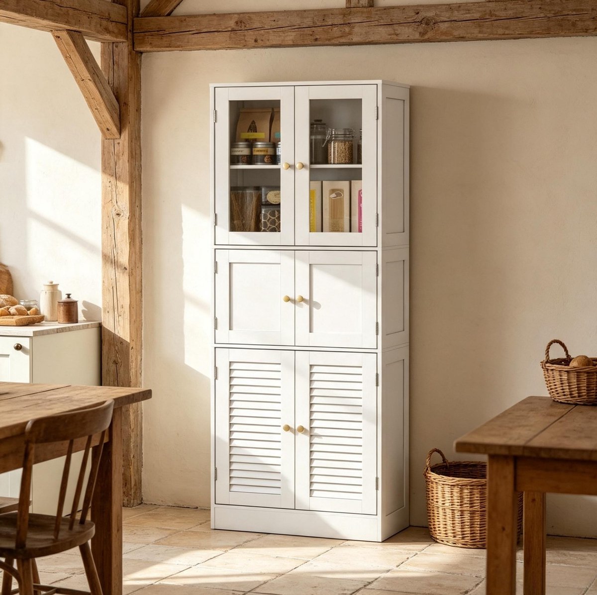 DESMIU Badkamerkast - Hoge Opbergkast Met 6 Deuren En Verstelbare Planken - Voor Badkamer En Hal - MDF En Glas - Wit - 60x30x170 Cm