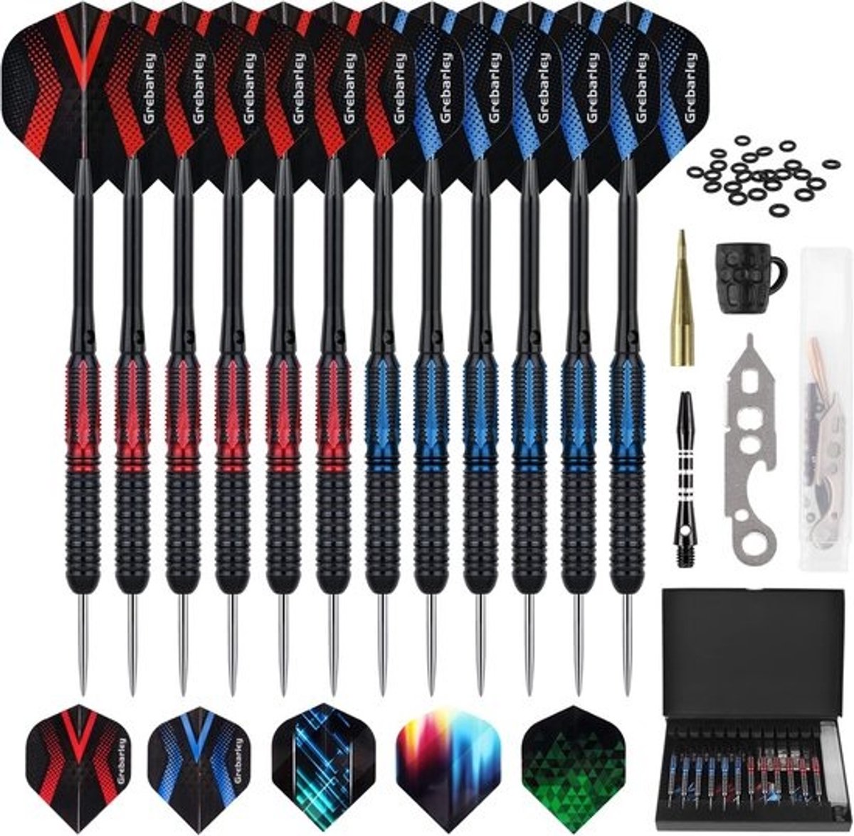 Dartpijlen set met metalen punt, 12 stuks in 20g en 22g, professionele stalen darts met aluminium schachten en accessoires