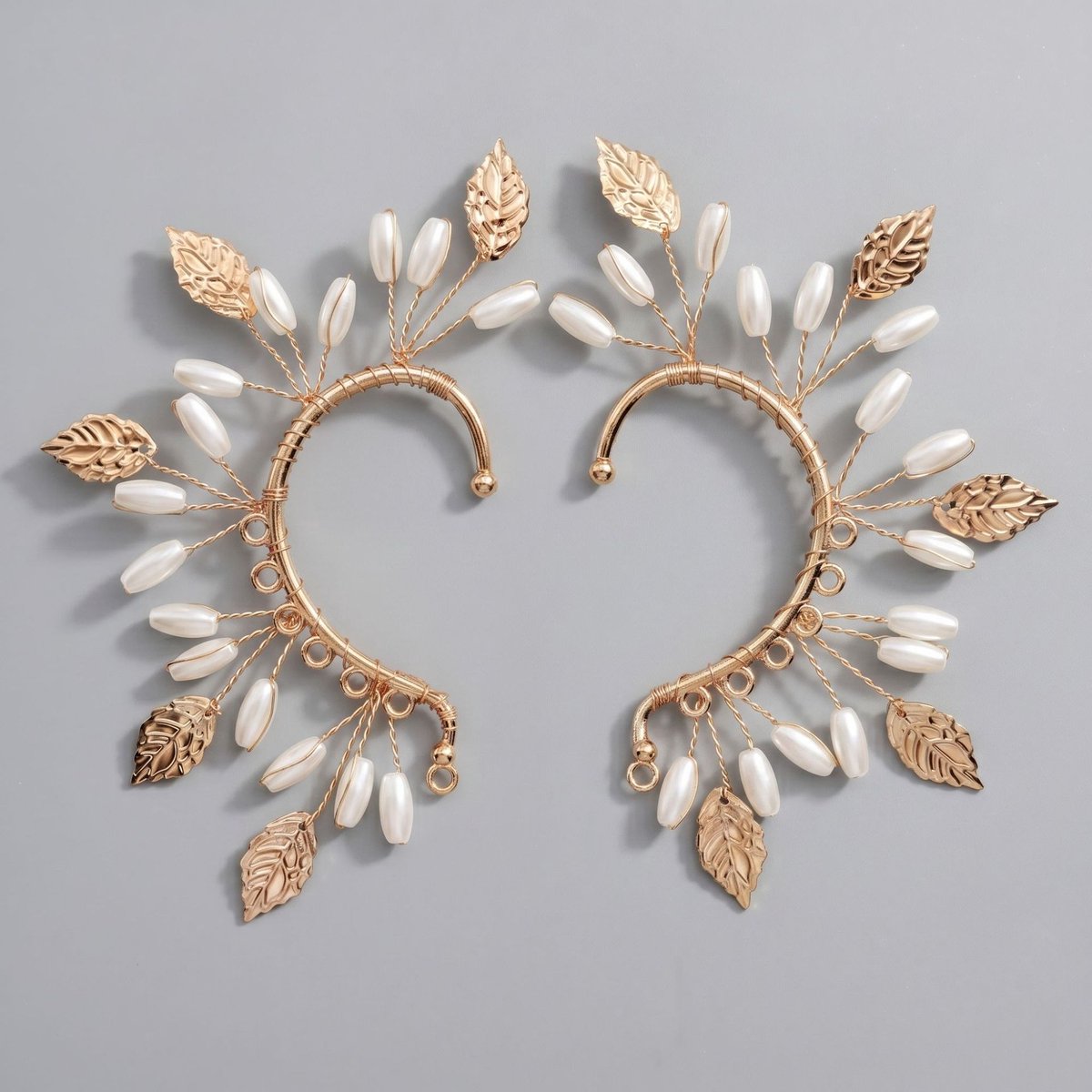 Elfen Oor Cuff, Handgemaakte Bloem Blad Oorversiering, Zonder piercing oorhaak voor bruiloft en fotoshoot，Avondparelbloem-oorbelhaakjes