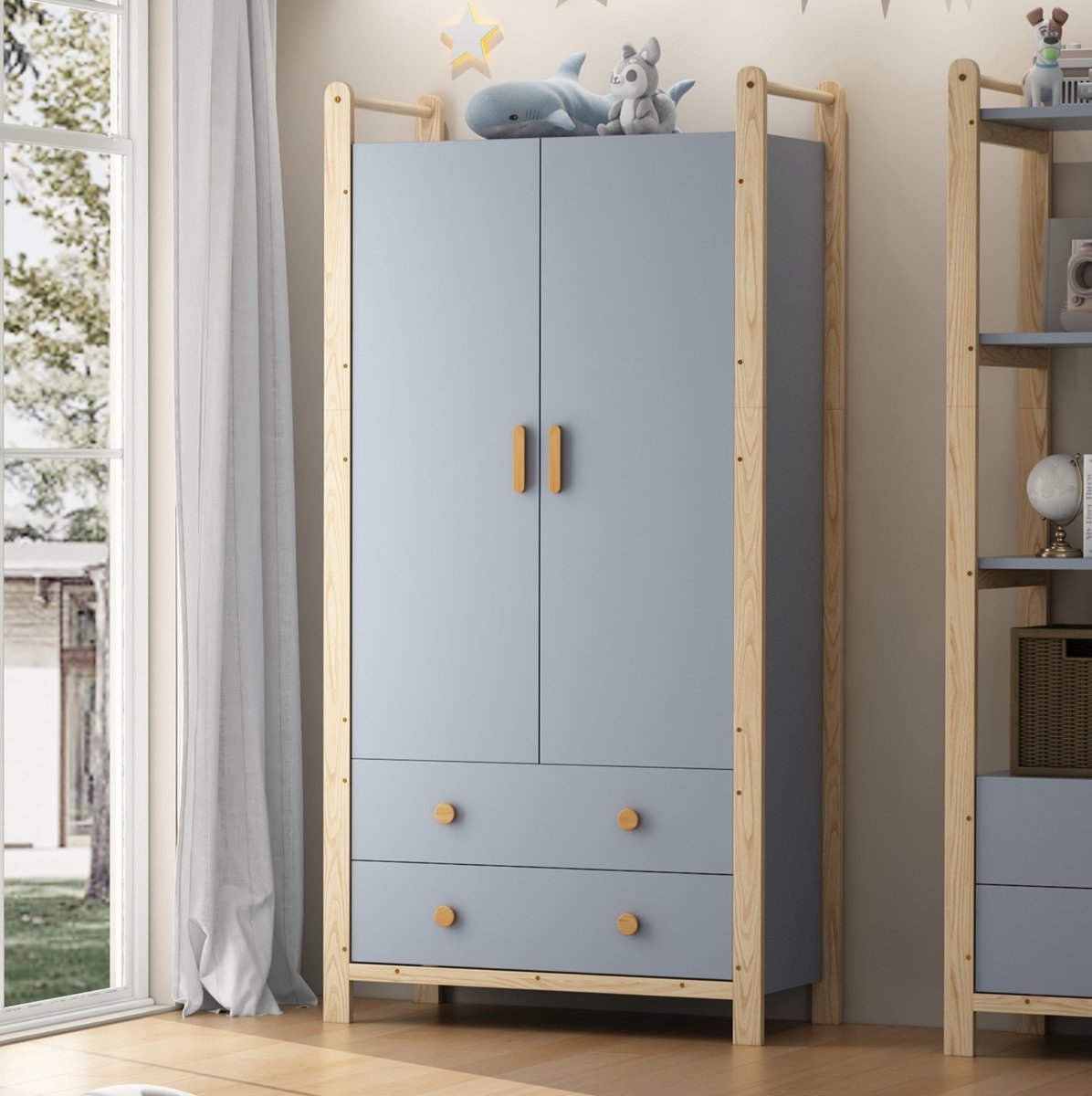 DESMIU Kast - Dubbele Kledingkast Met Hanggedeelte En Laden - Set Voor Kinderkamer En Hal - Hout Spaanplaat Metaal - 90x44x180,5 Cm - Blauw