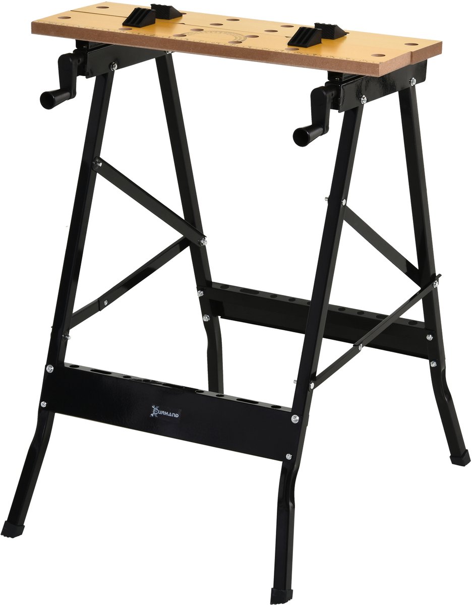 Opklapbare werkbank met klem, 2 krukken, houtbewerkingsbok, ijzer en MDF, draagvermogen 100 kg, 60,5 x 62,5 x 78,5 cm, naturel en zwart