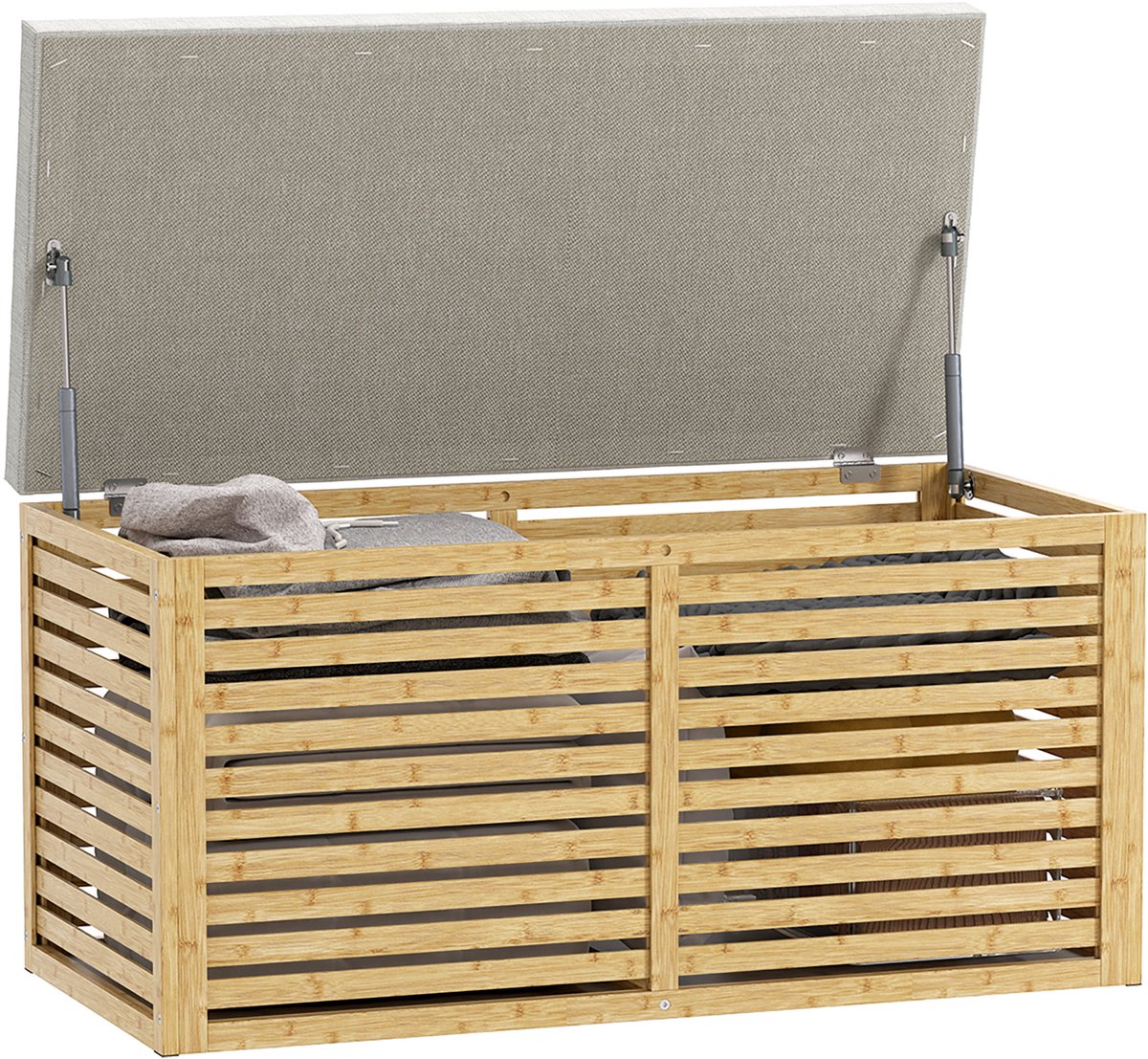 Opbergkist 122L, bekleed met synthetisch linnen en inclusief kussen, bamboe frame 90x42x43 cm, grijs en naturel.