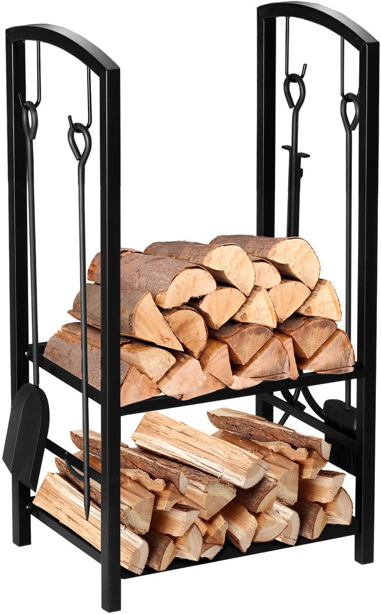 Houtrek voor open haard 40x30x74,5 cm, 2-laags houthouder, metalen houtrek voor binnen en buiten, inclusief 4 haardaccessoires, maximale belasting 100 kg, zwart.