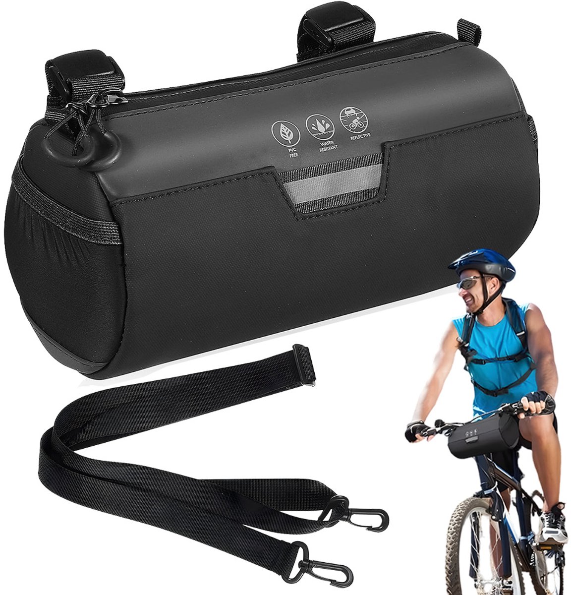 Stuurtas Fiets 2,4L - Fietstas Stuur - Cycling Stuurtas - Schoudertas - 900D Oxford Waterdicht - Reflecterende Strips - Afneembare Schouderriem - 23x12x11,5 cm - Bikepacking Tassen - Voor MTB & Racefiets & E-bike - Zwart