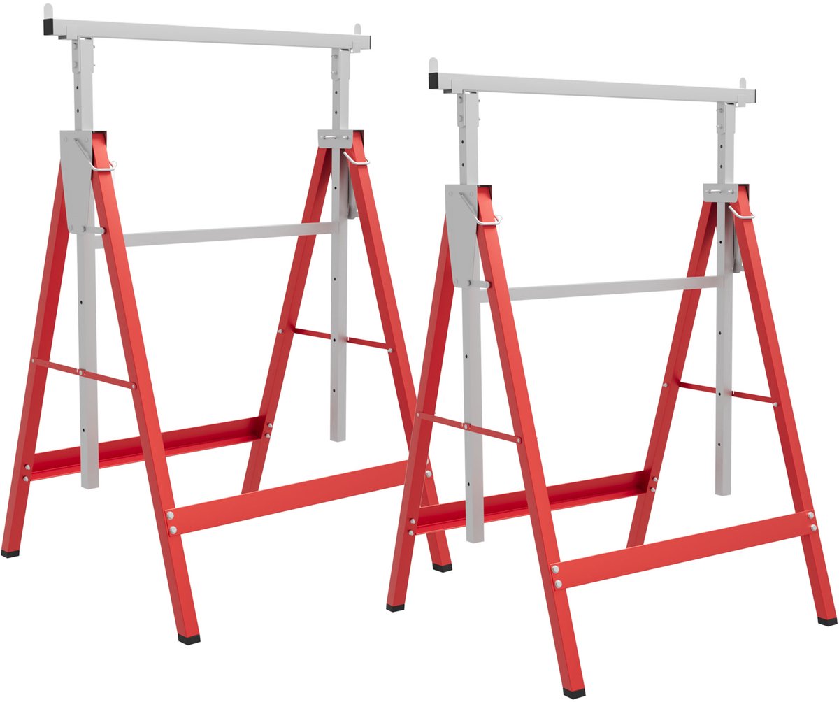 Set van 2 opklapbare metalen zaagbokken met verstelbare hoogte, stalen zaagbokken 68x58x80-130 cm, rood.