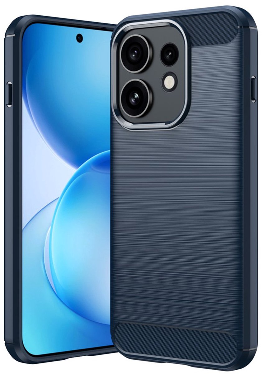 MobyDefend Hoesje - Geschikt voor Oppo Reno16 Pro - TPU Backcover - Geborstelde Metaal & Carbon-Look - Blauw