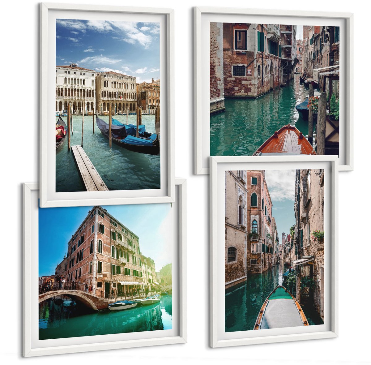 Wallfluent 4-Delige Schilderij Set - Uitzichten Op Venetië Met Kanalen En Stedelijke Architectuur. - 40 x 40 En 40 x 60 - Stijlvolle Muurdecoratie - Slaapkamer - Decoratieve Schilderijen