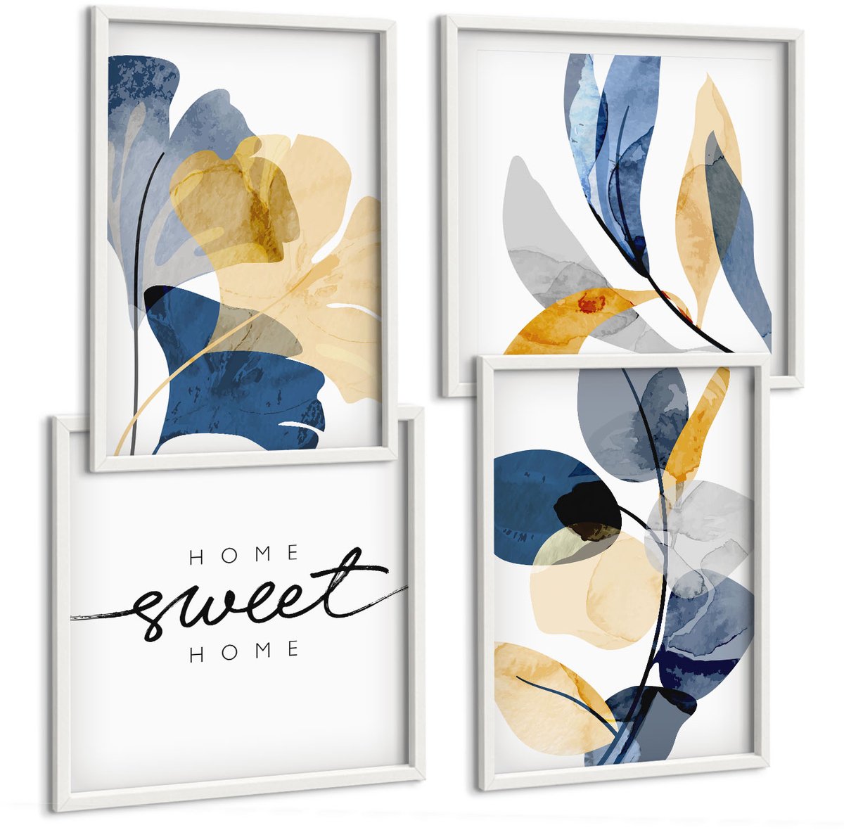 Wallfluent 4-Delige Schilderij Set - Plantenmotieven In Aquarelstijl - 40 x 40 En 40 x 60 - Stijlvolle Muurdecoratie - Kantoor - Moderne Wanddecoratie