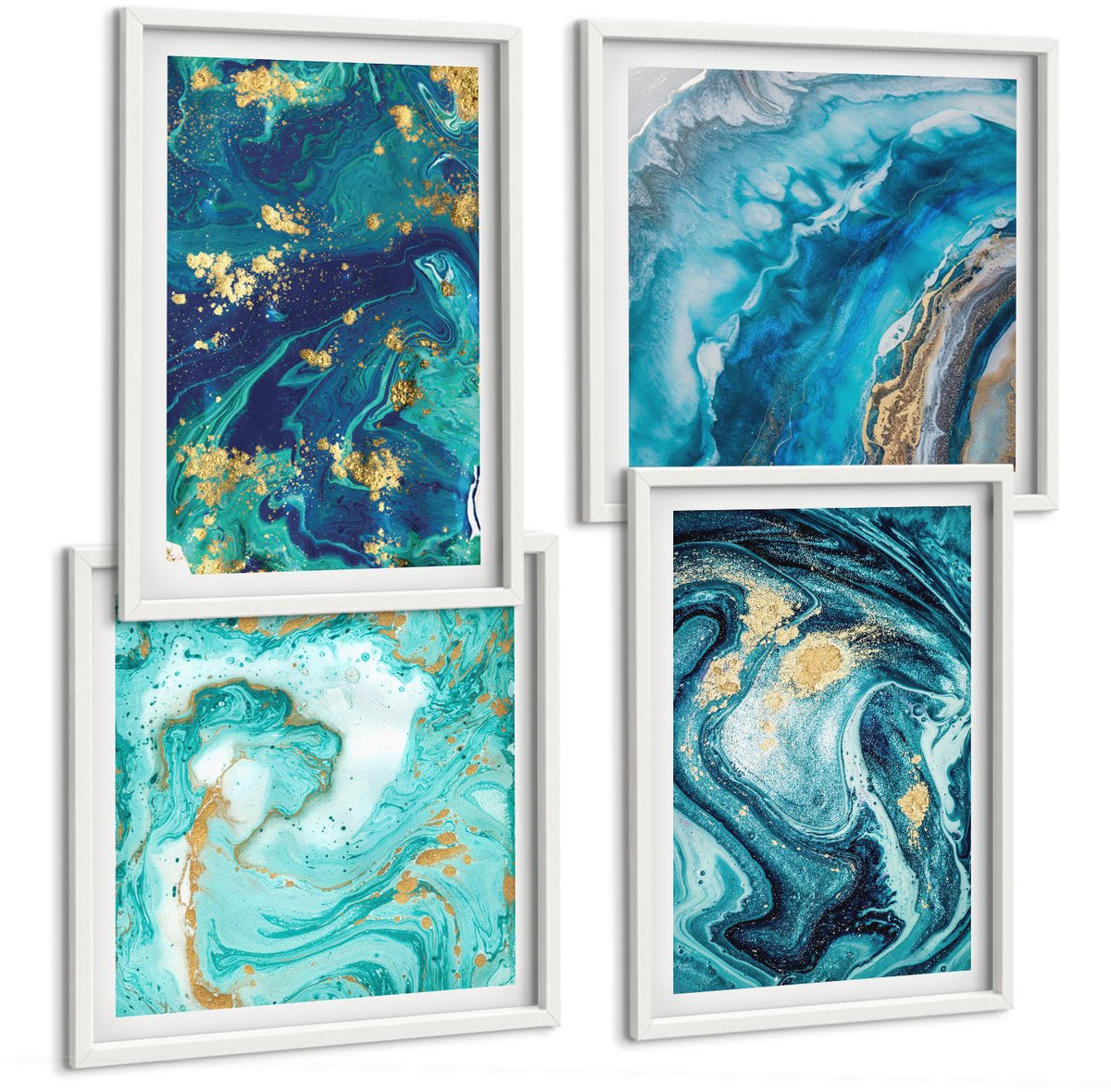 Wallfluent 4-Delige Schilderij Set - Decoratieve Abstracties Van Gemorste Verf - 40 x 40 En 40 x 60 - Muurdecoratie - Wanddecoratie - Slaapkamer - Stijlvolle Muurdecoratie