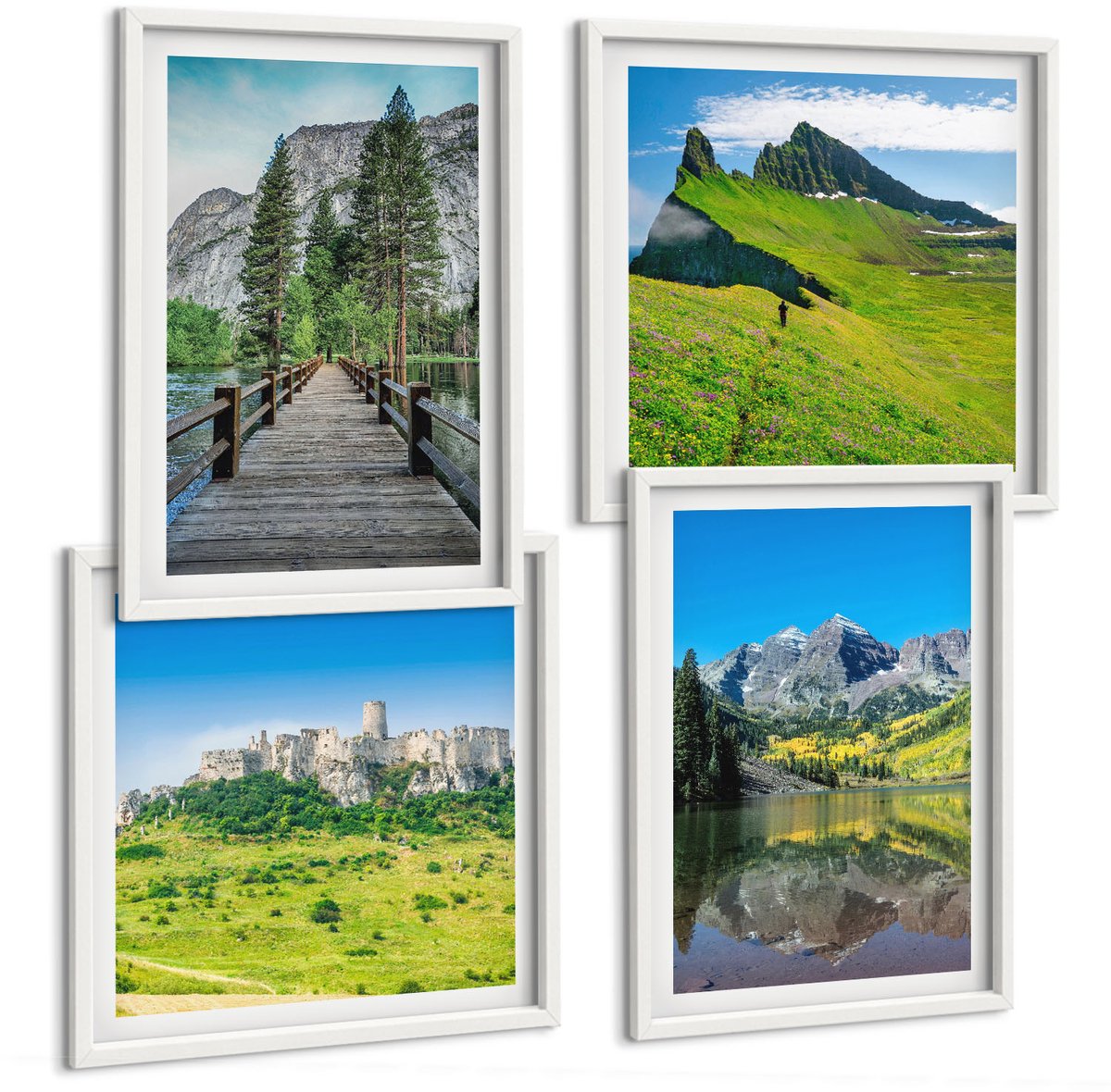 Wallfluent 4-Delige Schilderij Set - Groene Heuvels Met Een Kasteel En Berglandschappen - 40 x 40 En 40 x 60 - Wanddecoratie - Muurdecoratie - Woonkamer
