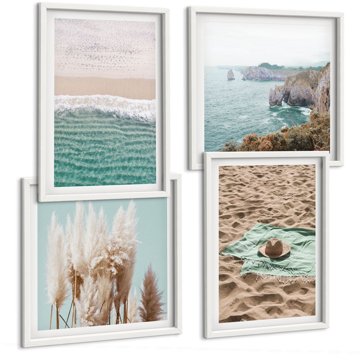 Wallfluent 4-Delige Schilderij Set - Strandgolven Gras Hoed Zand Ontspanning Natuur - 40 x 40 En 40 x 60 - Stijlvolle Muurdecoratie - Slaapkamer - Wanddecoratie