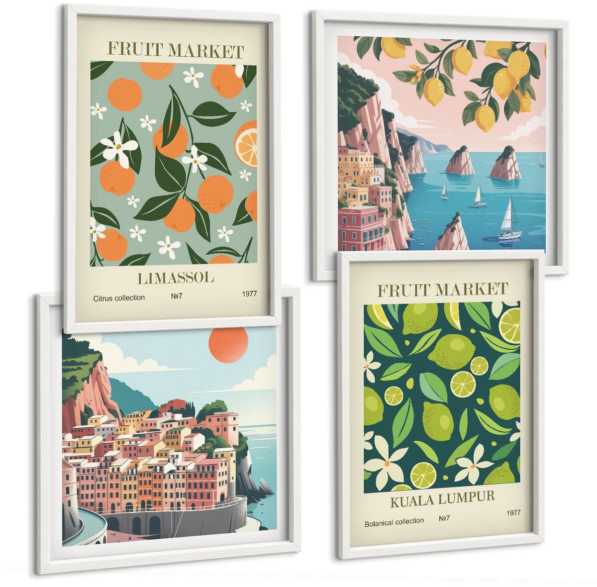 Wallfluent 4-Delige Schilderij Set - Vintage Posters Met Fruitpatronen - 40 x 40 En 40 x 60 - Decoratieve Schilderijen - Woonkamer - Interieur