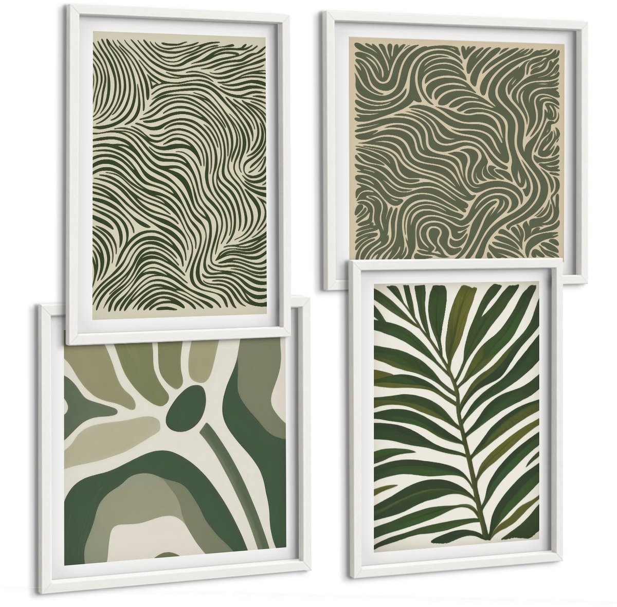 Wallfluent 4-Delige Schilderij Set - Abstracte Patronen Met Bladeren En Golvende Vormen - 40 x 40 En 40 x 60 - Muurdecoratie - Decoratieve Schilderijen - Wohnzimmer - Moderne Wanddecoratie