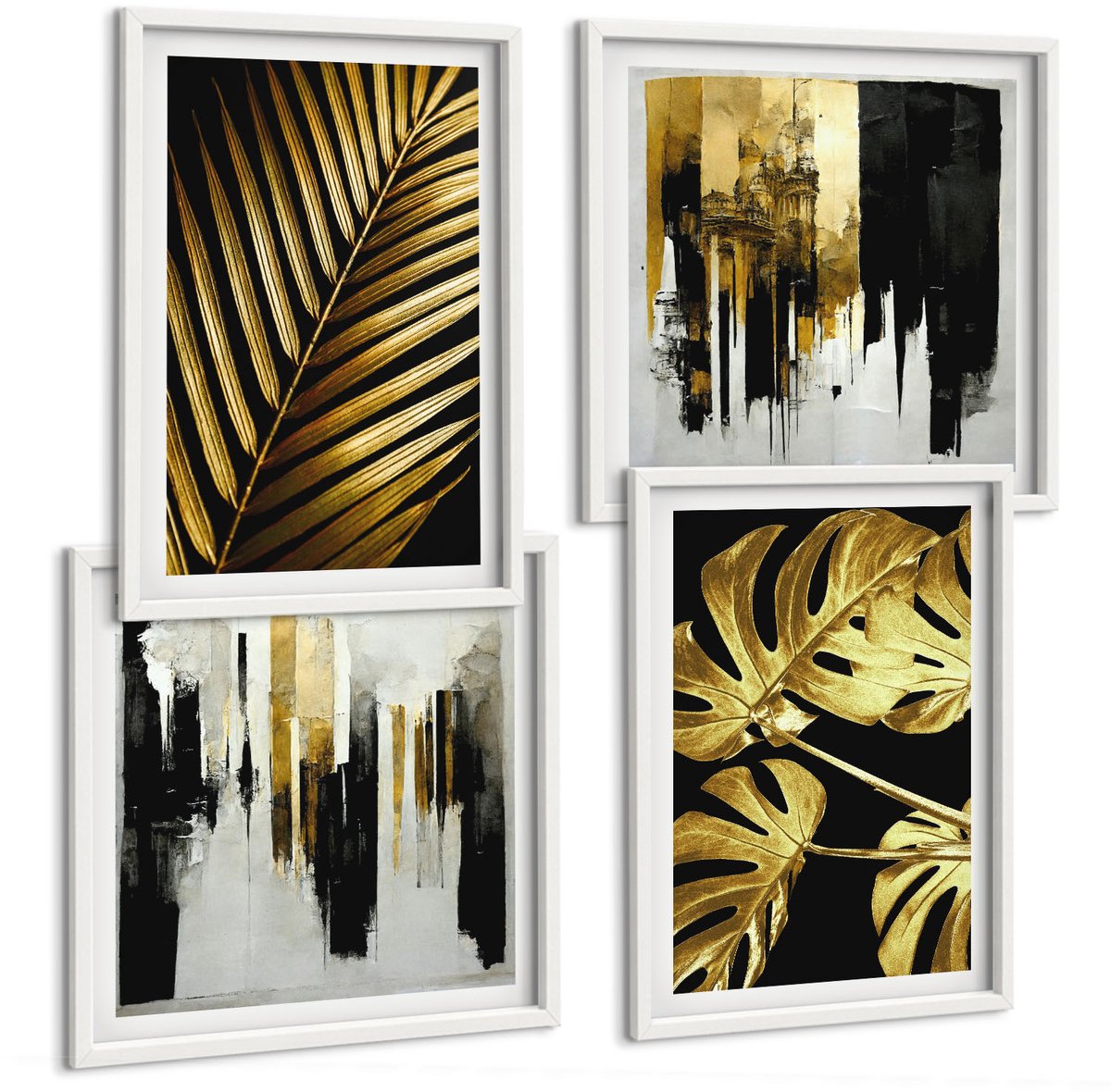 Wallfluent 4-Delige Schilderij Set - Palmbladeren Monsterabladeren Elegante Abstracte - 40 x 40 En 40 x 60 - Moderne Wanddecoratie - Woonkamer - Decoratieve Schilderijen