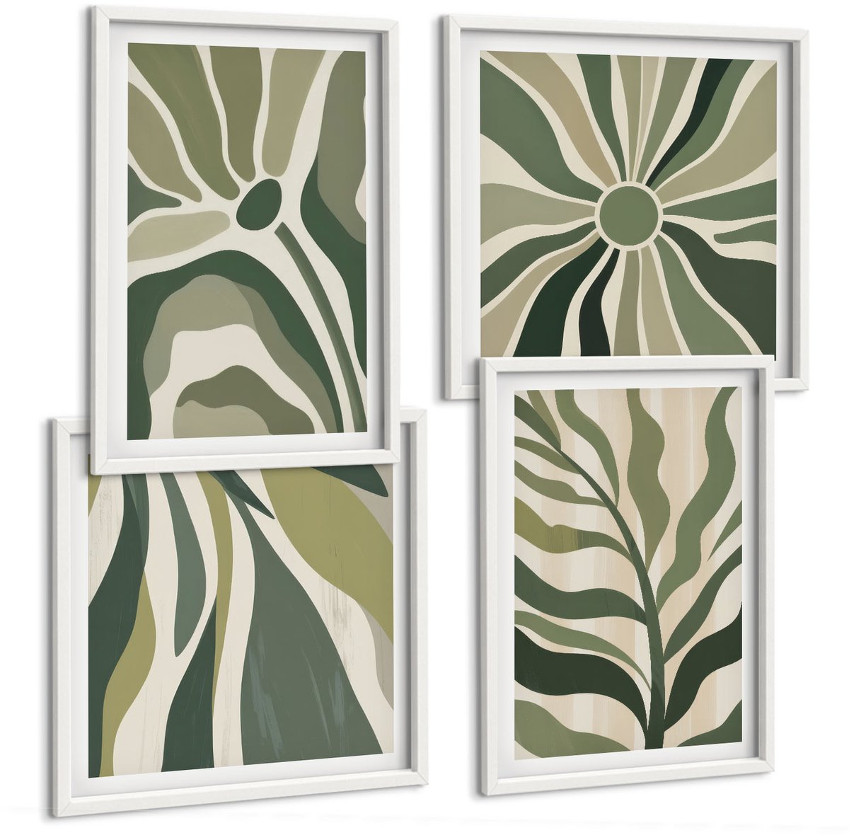 Wallfluent 4-Delige Schilderij Set - Geschilderde Illustraties Van Bladeren In Verschillende Tinten Groen. - 40 x 40 En 40 x 60 - Decoratieve Schilderijen - Wanddecoratie - Hal - Stijlvolle Muurdecoratie