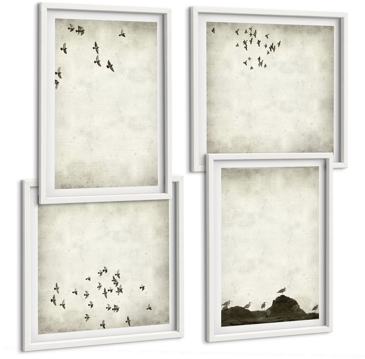 Wallfluent 4-Delige Schilderij Set - Minimalistisch Schilderij Van Vliegende Vogels - 40 x 40 En 40 x 60 - Moderne Wanddecoratie - Slaapkamer - Decoratieve Schilderijen