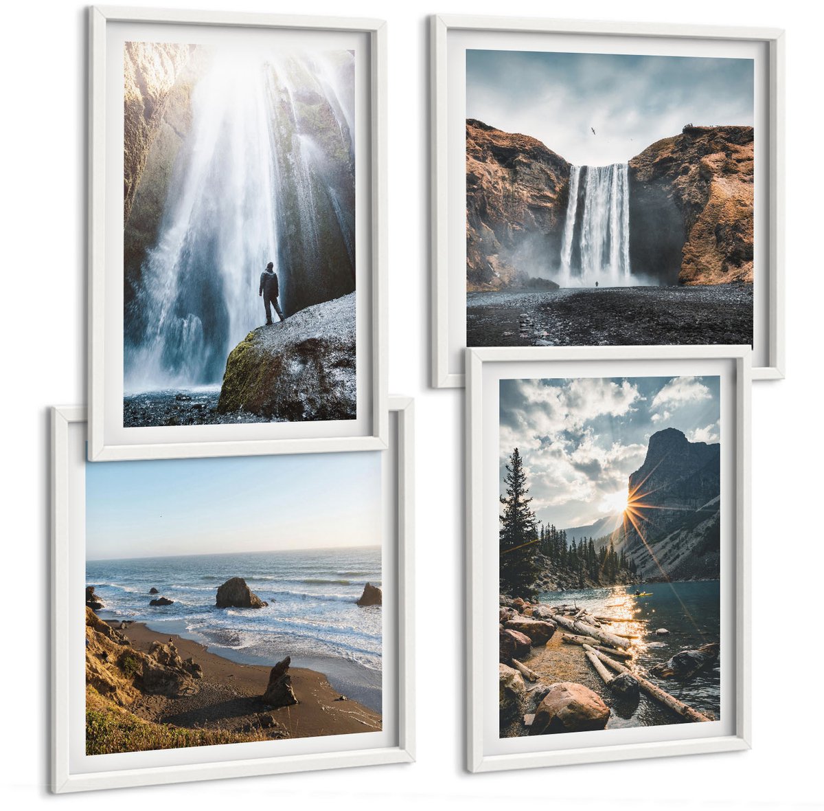Wallfluent 4-Delige Schilderij Set - Watervallen In De Bergen Met Prachtige Natuurlijke Landschappen - 40 x 40 En 40 x 60 - Moderne Wanddecoratie - Woonkamer - Stijlvolle Muurdecoratie