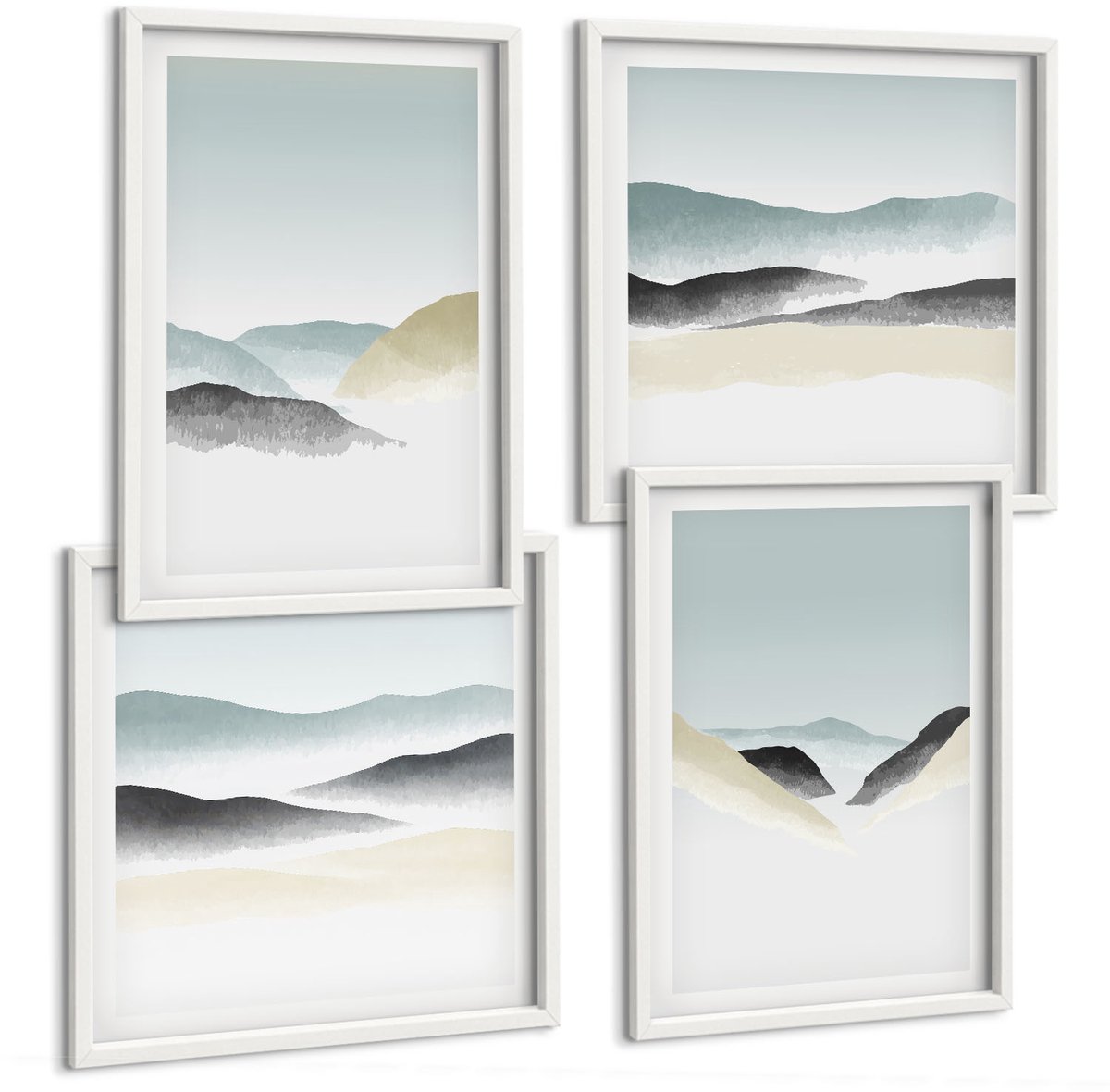 Wallfluent 4-Delige Schilderij Set - Minimalistische Bergen In Delicate Pasteltinten - 40 x 40 En 40 x 60 - Decoratieve Muurdecoratie - Slaapkamer - Moderne Wanddecoratie