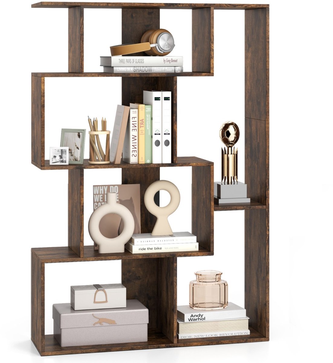 SureDeal® - Boekenkast - Open Geometrisch Boekenrek - Kantelbeveiligingen Vloerorganizer Display - 80x30x119 cm - Koffiebruin