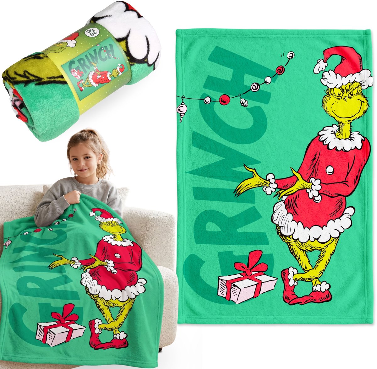 Grinch Kerst, ZACHTE FLEECE deken, groene sprei 100x150 cm, OEKO-TEX