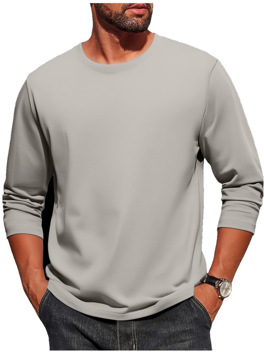 Currero Longsleeve Heren Oversized Lange Mouwen Shirt Roundneck Mannen Kleding T-Shirt Lichtgrijs