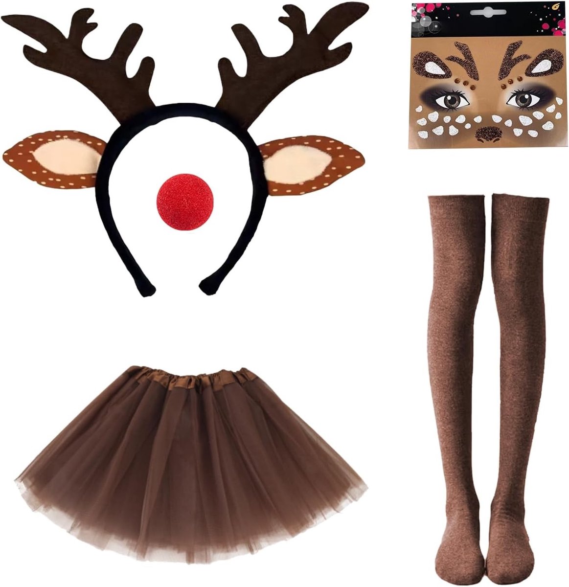 Vijfdelige kerst tutu kostuumset met hertengeweien, gezichtstatoeages en sokken voor feestelijke cosplay en Halloween evenementen