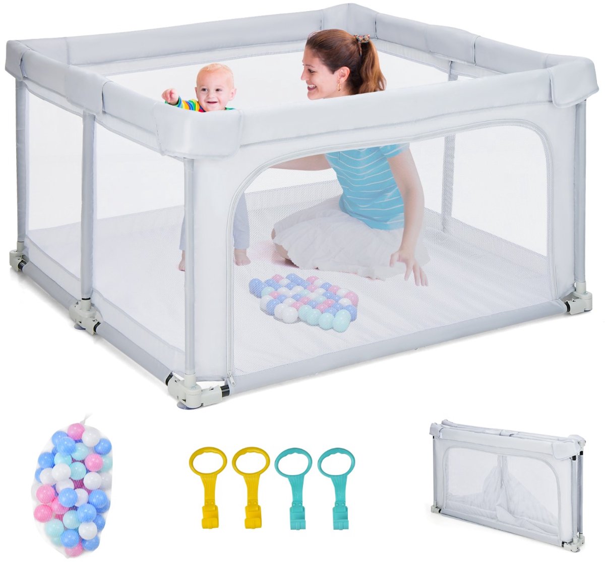 SureDeal® - Babykamer - Opvouwbare Box - Hoogte Oxford Stoffen - Ademend Gaas Oceaanballen - Kinderen Grijs - 124x124x70 cm - Grijs