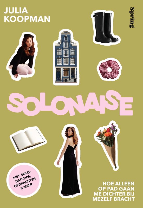 Boekomslag met Julia Koopman, Amsterdams huis, regenlaarzen, strikjes, open boek, galajurk, bloemen. Titel: Solonaise.