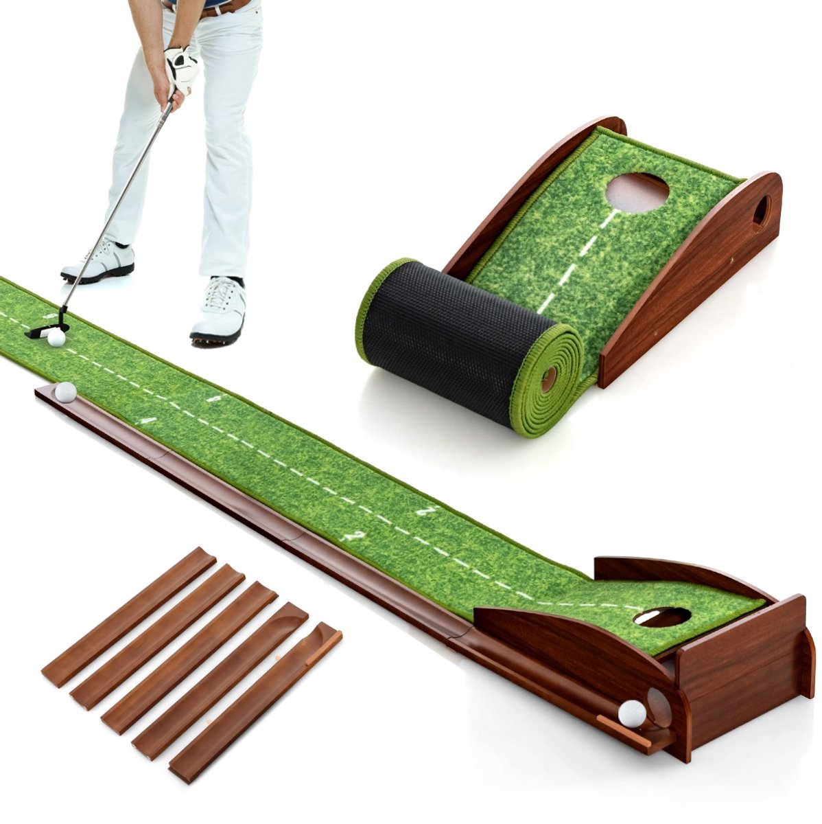 SureDeal® - Golf - Putting Oefenmat Puttingbaan - Automatische Balterugloop - Hole Richtlijn Golfballen - Binnen - 277x29x15 cm - Bruin + Groen