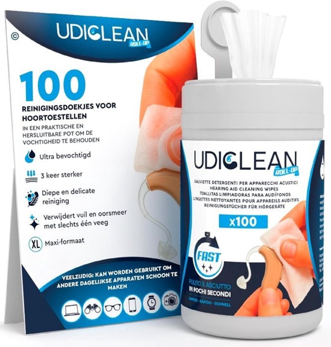 100 Wipes for Hearing Aids Cleaning and Humidified Udiclean - in Resealable Dispenser Saves Humidity - Maxi Wipes 17x15cm and Ultra Strong