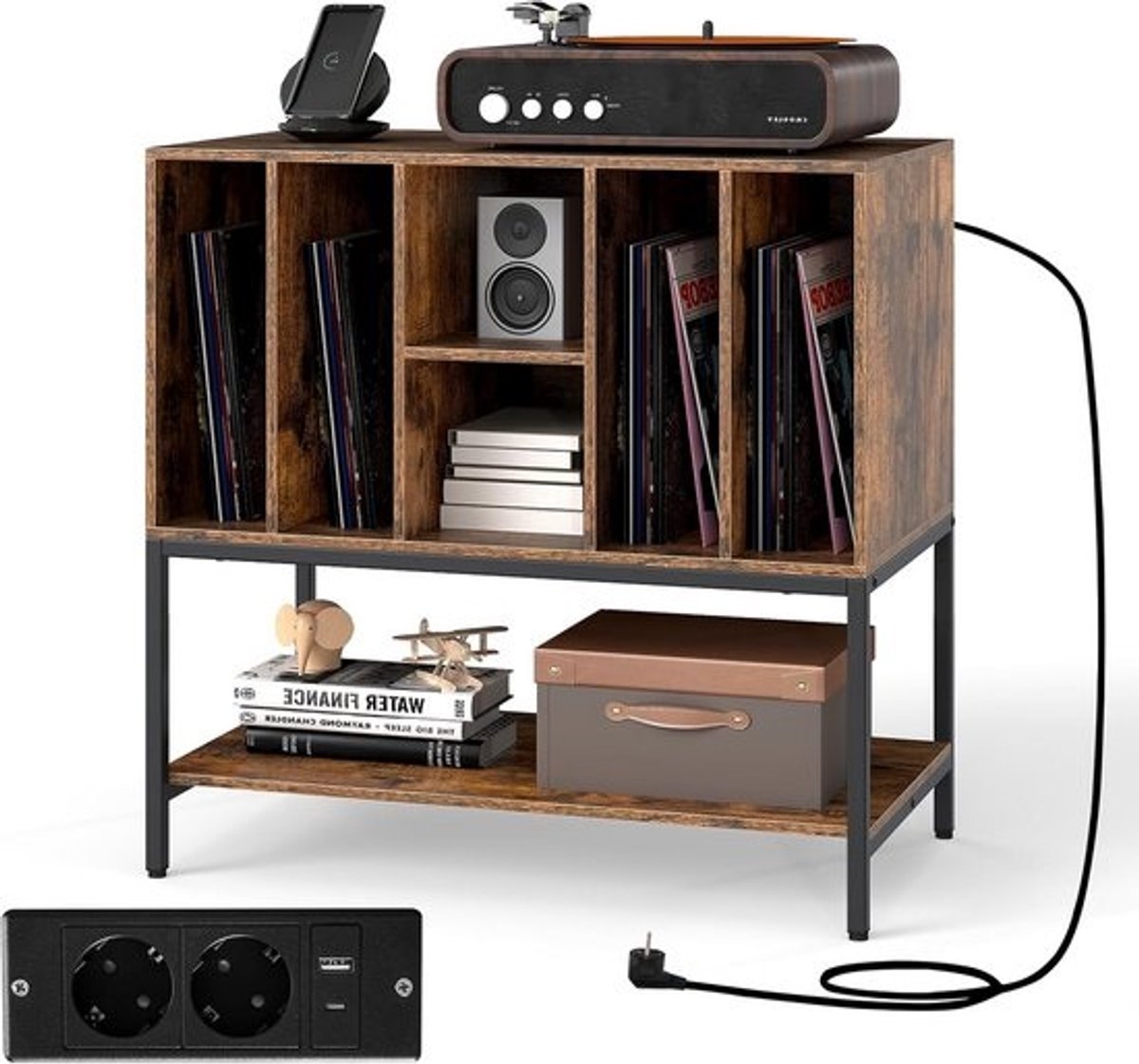 Vinylkast met laadstation - 6 vakken - opbergkast - 80 x 45 x 79,5 cm - industrieel