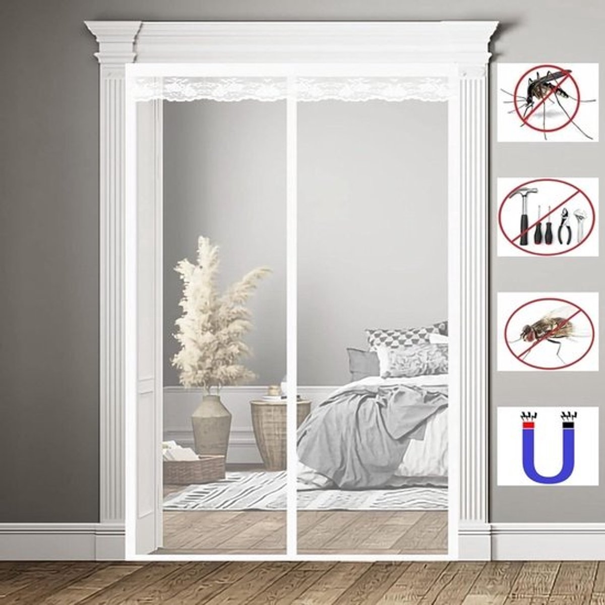 Magnetisch Vliegengaas Deur - Horndeur Gordijn - Insecten Buiten Houden - Automatisch Sluitend - 90x205cm - Wit
