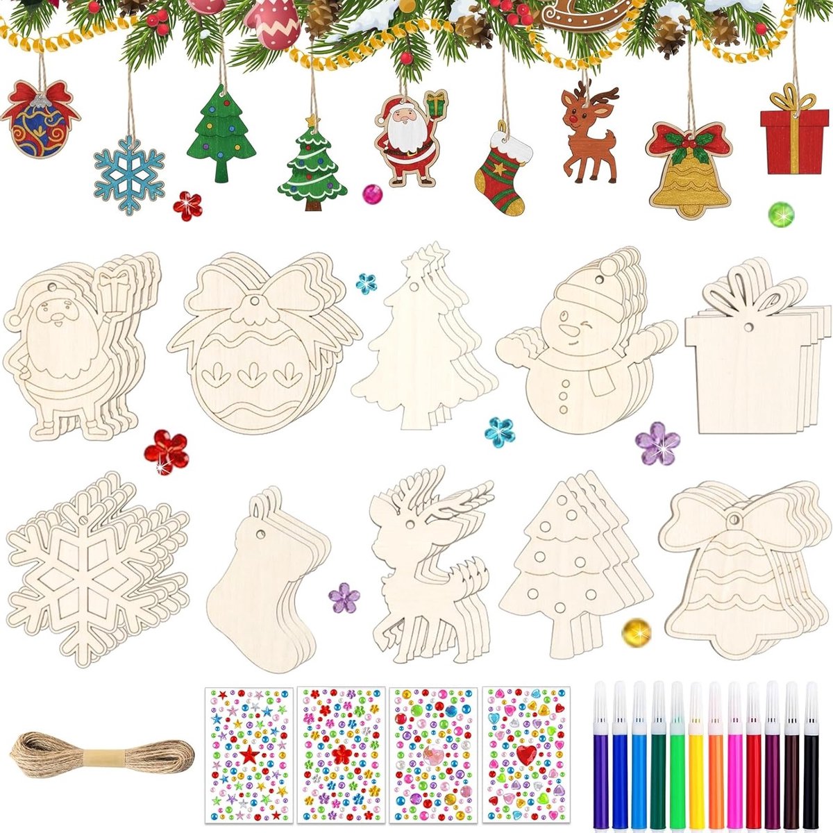 DIY Houten Hangers Set van 40 Stuks voor Kerst, Creatieve Knutselprojecten met Kinderen, Decoratie voor de Kerstboom en Feestdagen