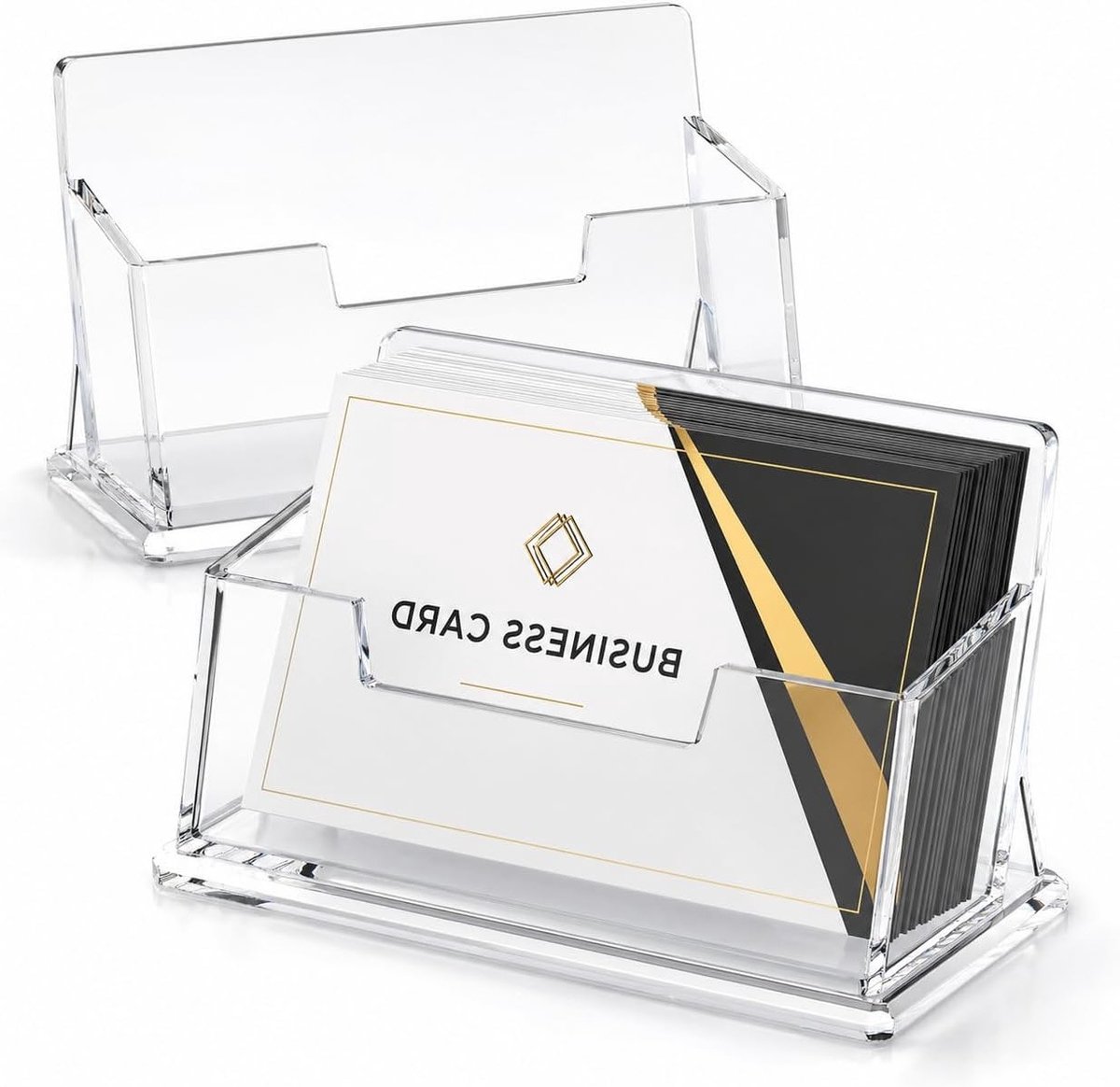 Set van 2 transparante visitekaartjeshouders voor bureau, elegant design, capaciteit 60 kaarten, ideaal voor professioneel gebruik en organisatie