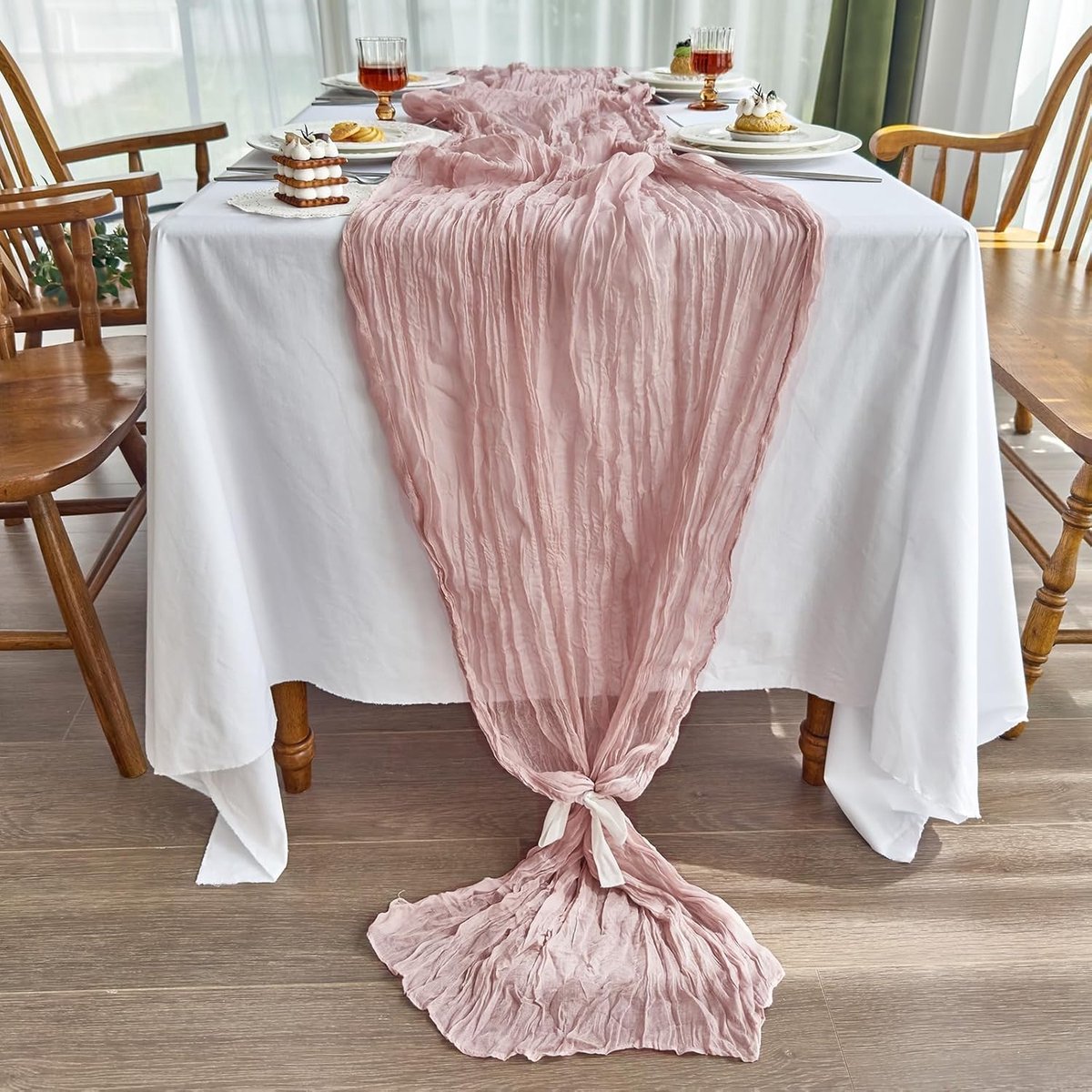 SnelShoppen - Bohemian Tafelrunner Poederroze Chiffon 90x300cm - Elegante Tafelkleed voor Bruiloft, Babyshower, Feest, Rustieke Chic Decoratie